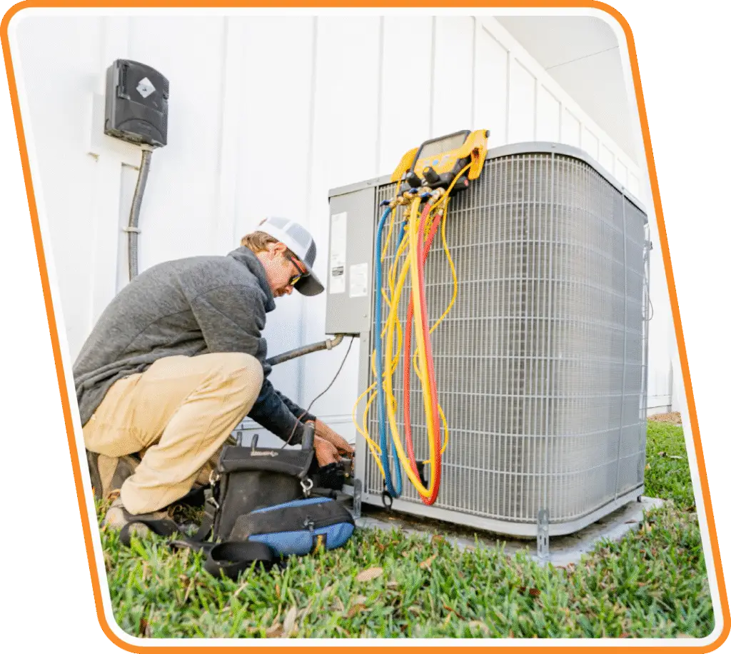 Reliable Ducts technician performing AC repair and diagnostics on an outdoor air conditioning unit in St. Johns, FL.
