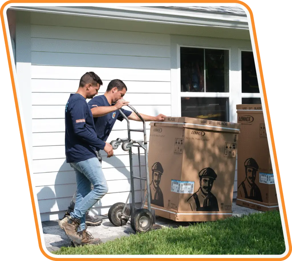 Reliable Ducts technicians delivering new Lennox heating and cooling equipment for installation in Jacksonville home