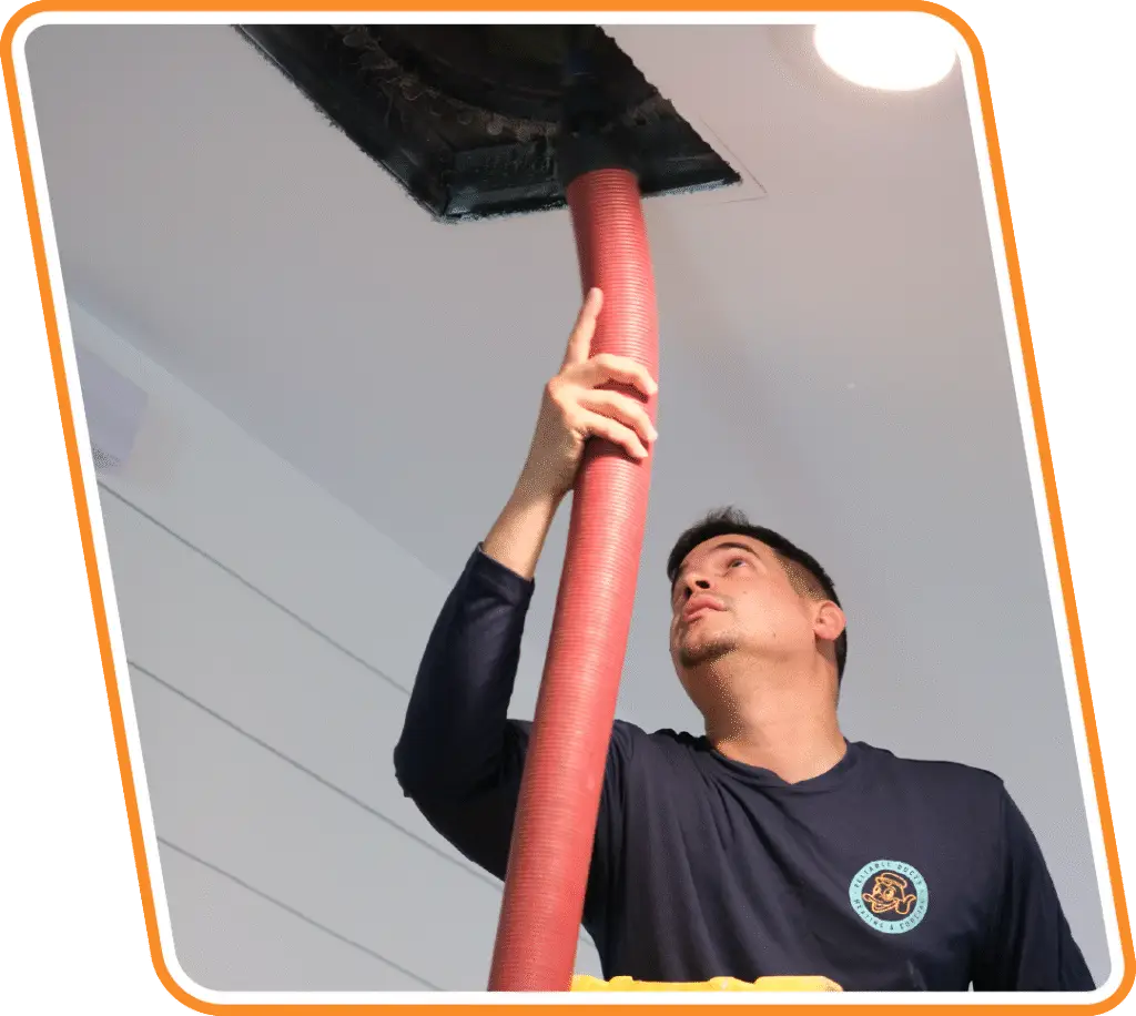 Technician vacuuming HVAC ductwork during a residential duct cleaning service