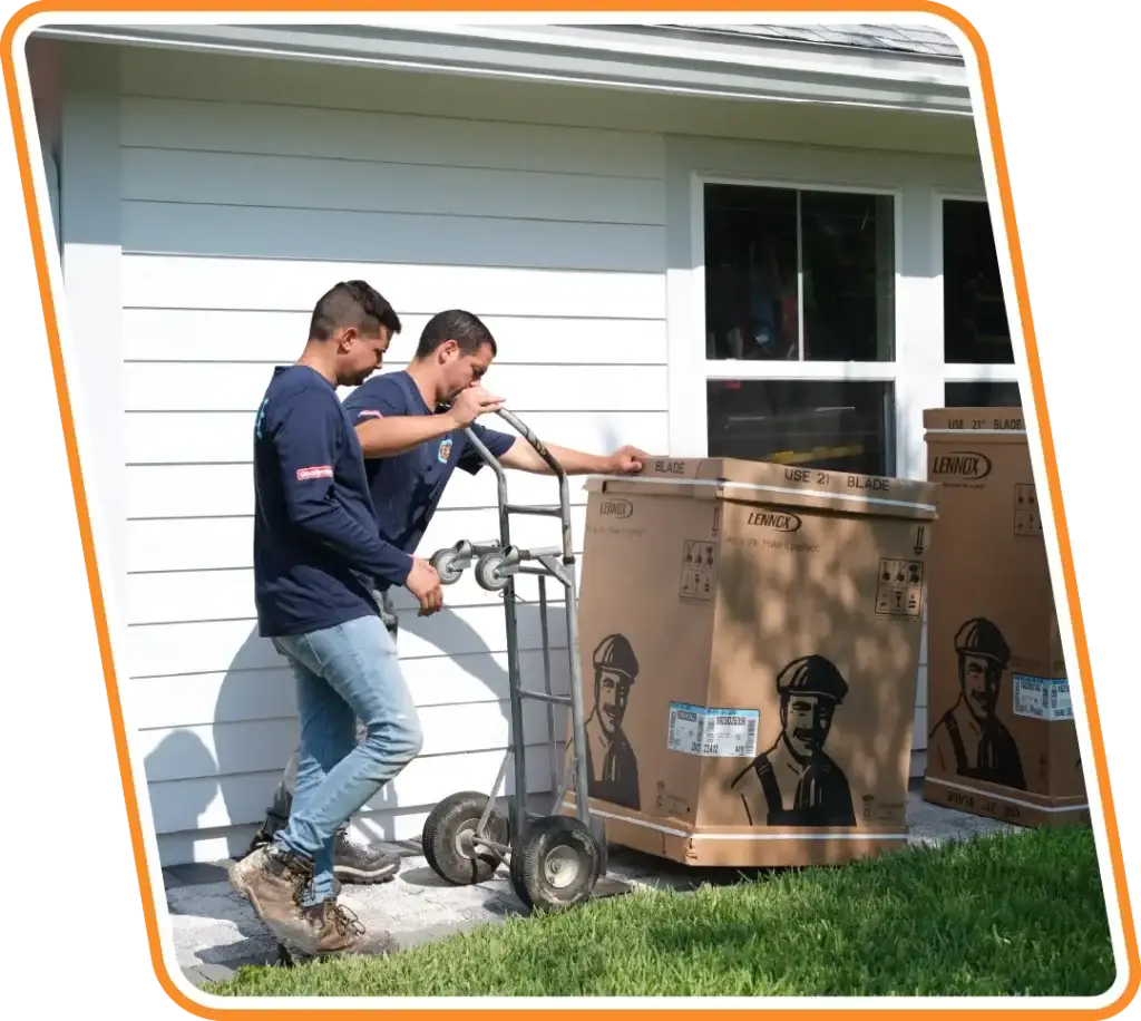 Reliable Ducts technicians delivering new Lennox heating and cooling equipment for installation in Yulee, FL home.