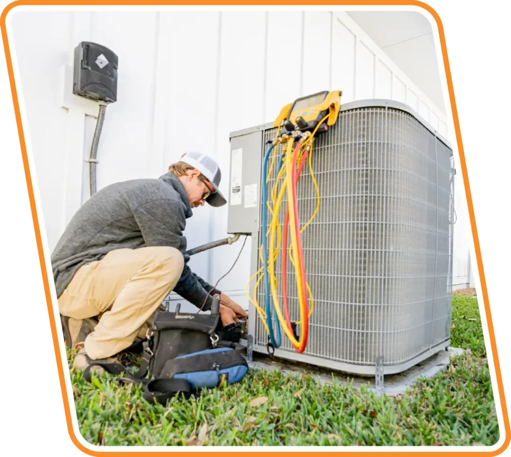 Reliable Ducts technician performing AC repair and diagnostics on an outdoor air conditioning unit in St. Johns, FL.
